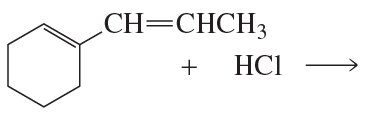 Chemical reaction showing the addition of HCl to an alkene, illustrating 1,2- and 1,4-addition products.