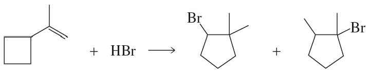 Chemical reaction diagram showing hydrohalogenation with reactants and products, including a bromine atom.