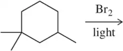 Cyclohexane with methyl groups reacts with Br2 under light, indicating a radical bromination process.