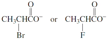 Chemical structures comparing the acidity of two compounds, one with a bromine atom and the other with a fluorine atom.