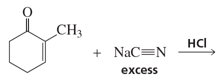 Chemical reaction diagram showing a benzaldehyde derivative reacting with sodium cyanide and hydrochloric acid.