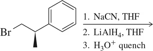 Reaction sequence showing a brominated compound with reagents NaCN, LiAlH4, and H3O+ for product prediction.
