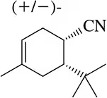 Cyclohexene with a cyano group and a tert-butyl group, showing stereochemistry with dashed and wedged bonds.