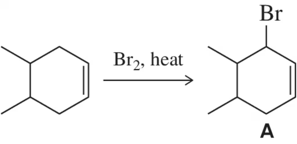 Chemical reaction diagram showing bromination of an alkene, producing compound A with Br2 and heat.