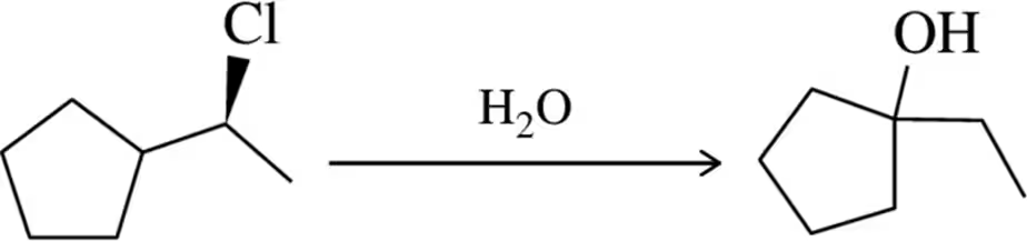 Mechanism illustration showing a chlorine atom on a cyclohexane ring being replaced by a hydroxyl group with water as a reactant.