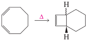 Chemical structure diagram showing a cyclooctene converting to a product with indicated cis or trans hydrogens.