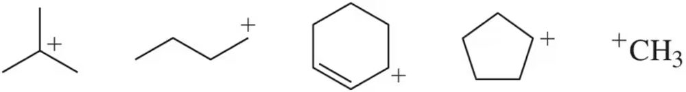 Four carbocation structures are shown, each marked with a positive charge, illustrating varying stability.