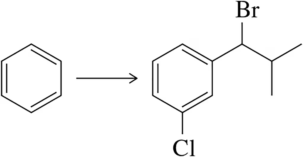 Benzene structure transforming into benzyl bromide with a chlorine substituent, illustrating a chemical synthesis process.