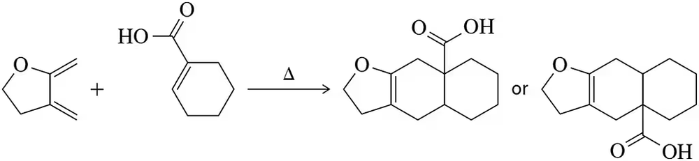 Chemical reaction showing Diels-Alder mechanism with maleic anhydride and benzoic acid forming two possible regioisomers.