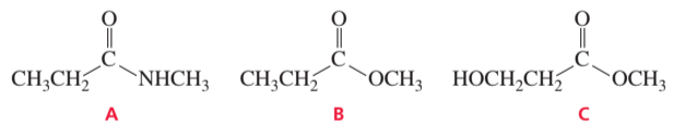 Structures of three compounds labeled A, B, and C, questioning which does not form an alcohol with Grignard reagent.