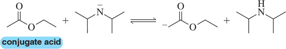 Chemical reaction diagram showing molecules labeled as acid, base, conjugate acid, and conjugate base.