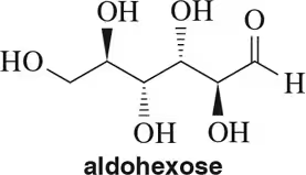 Line-angle drawing of an aldohexose molecule with hydroxyl groups and a carbon backbone.
