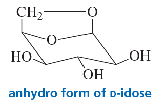 Structural diagram of the anhydro form of d-idose, showing CH2OH and C-1 OH groups in axial positions.