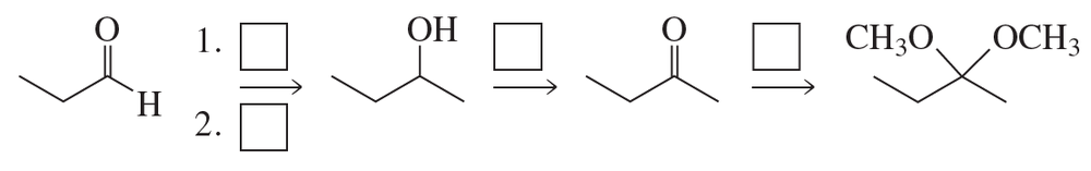 Chemical reaction diagram with empty boxes for reagents and arrows indicating transformations between organic compounds.