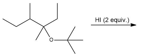 Ether cleavage reaction showing products with HI as a reagent.