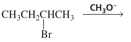 Chemical structure showing a brominated alkane reacting with methoxide, indicating elimination reaction pathways.