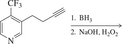 Chemical structure showing a CF3 group attached to a nitrogen-containing ring, with alkyne and hydroboration reaction steps.