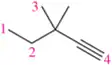 Molecule structure with labeled carbons 1 to 4, showing a branched chain with a triple bond at carbon 4.