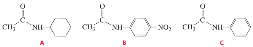 Structures of three amides labeled A, B, and C, for ranking reactivity toward acid-catalyzed hydrolysis.