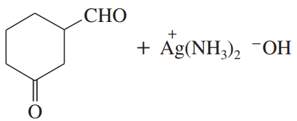 Chemical reaction diagram showing a benzaldehyde structure reacting with silver ammonia complex and hydroxide ion.