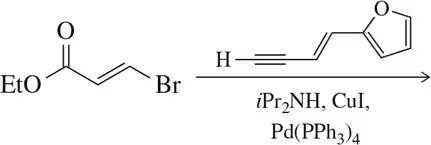 Chemical structure diagram illustrating a Sonogashira coupling reaction with reactants and catalysts labeled.