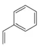 Chemical structure of styrene, featuring a benzene ring attached to a vinyl group.