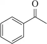 Chemical structure of acetophenone, showing a benzene ring attached to a carbonyl group.