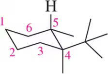 Chair conformation diagram showing numbered carbon atoms and hydrogen for cis and trans isomer comparison.