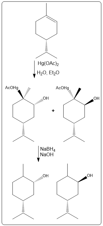 Detailed reaction mechanism for oxymercuration showing intermediates and final products.
