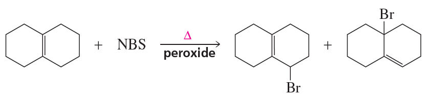 Chemical reaction diagram showing allylic bromination with NBS and peroxide, illustrating reactants and products.