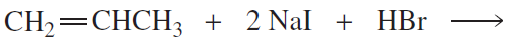 Chemical equation showing the reaction of propene with sodium iodide and hydrogen bromide to form a product.
