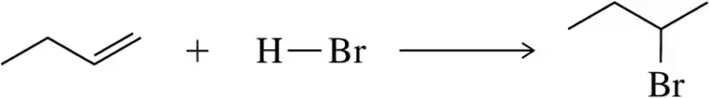 Chemical reaction showing an alkene reacting with H-Br to form a bromoalkane, with the reaction arrow indicating the process.