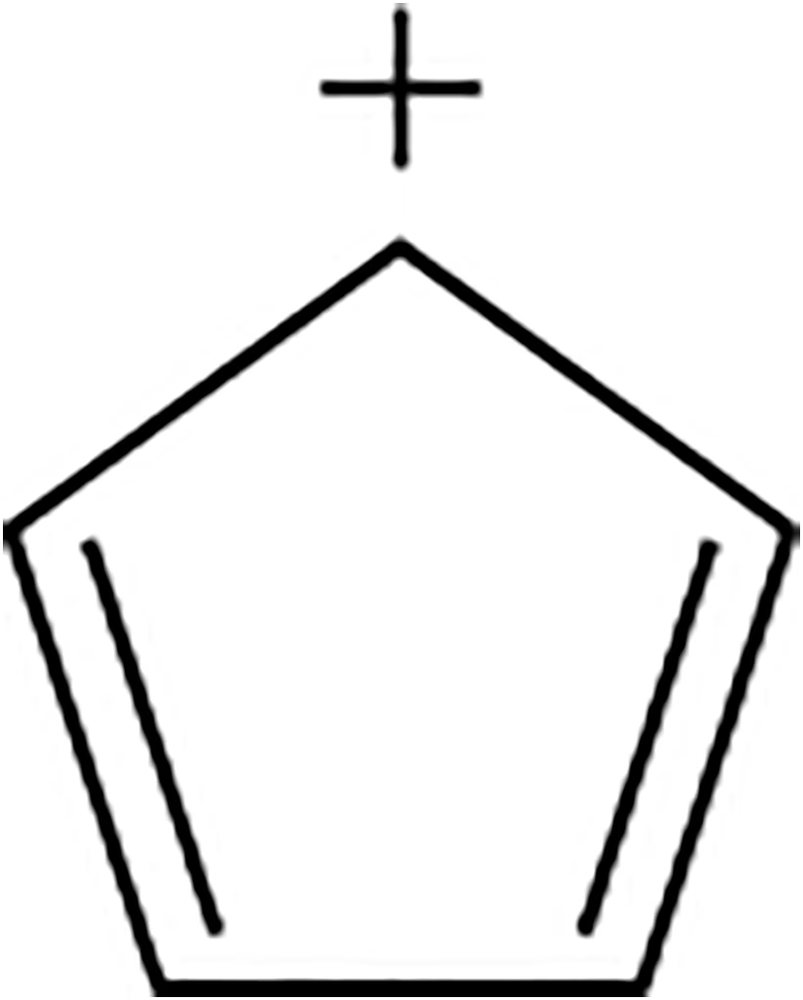 Frost circle diagram for cyclopentadienyl cation, showing a pentagon with a positive charge symbol.