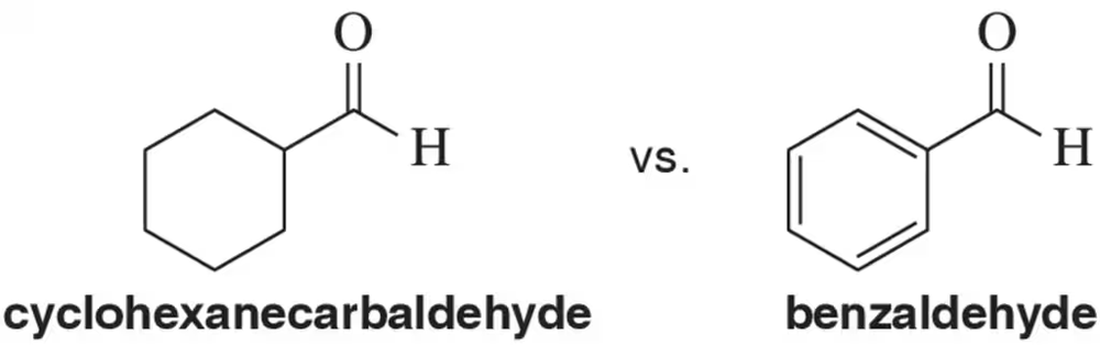 Chemical structures of cyclohexanecarbaldehyde and benzaldehyde compared side by side.