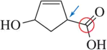 Line-angle drawing of a molecule highlighting a carbon with a red circle and an arrow pointing to another carbon.