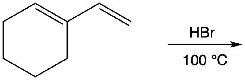 Reaction scheme showing HBr addition to a conjugated diene at 100°C.