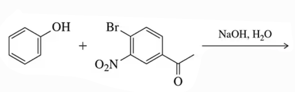 Chemical reaction diagram showing phenoxide and brominated compound reacting with sodium hydroxide and water.
