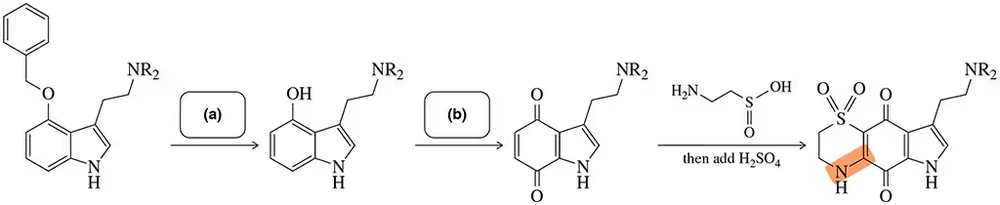 Chemical reaction diagram illustrating the synthesis of thiaplakortone A, highlighting missing reagents (a) and (b).