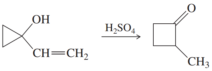 Chemical reaction showing a hydroxy group and double bond converting to a cyclic compound with a carbonyl group.
