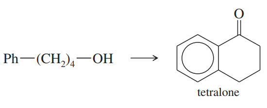 Chemical reaction showing the conversion of a phenyl alcohol to tetralone with an arrow indicating the synthesis process.