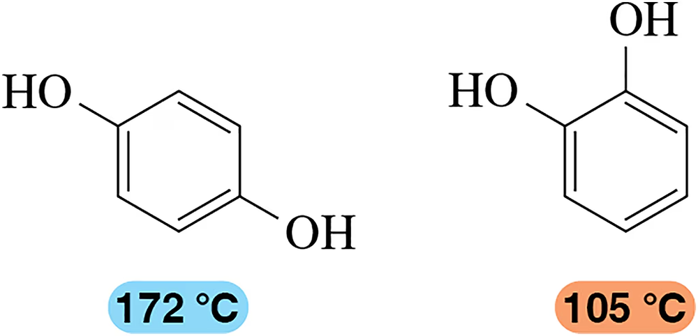 Chemical structures of 1,4-dihydroxybenzene and 1,2-dihydroxybenzene with melting points 172°C and 105°C, respectively.