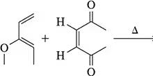 Diels-Alder reaction between a diene and a dienophile, showing reactants and reaction conditions.