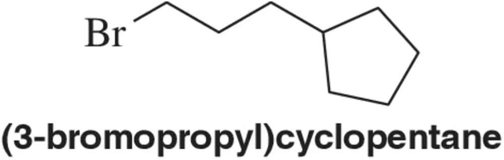 Chemical structure of (3-bromopropyl)cyclopentane with bromine atom attached to the propyl group.