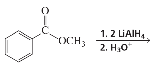 Chemical structure of a carbonyl compound with reaction conditions for reduction using lithium aluminum hydride.
