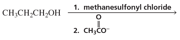 Chemical reaction diagram showing the conversion of propanol to methanesulfonyl chloride and acetate ion.