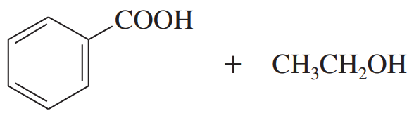 Chemical structure of benzoic acid reacting with ethanol, indicating a Fischer esterification reaction.