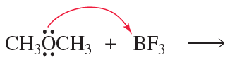 Chemical reaction showing the interaction between CH3OCH3 and BF3, with an arrow indicating the product formation.