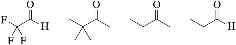 Two carbonyl structures are shown, one with fluorine substituents and one with hydrogen, for reactivity comparison.