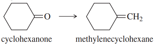 Transformation of cyclohexanone to methylene cyclohexane using a Wittig reaction, illustrated with chemical structures.