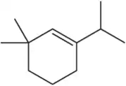 Chemical structure of a cyclohexene ring with methyl groups at positions 1 and 3, and a double bond between positions 2 and 3.